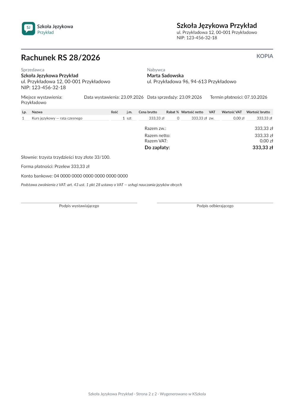 Strona 2 z 2 — podgląd dokumentu Rachunek RS 28/2026