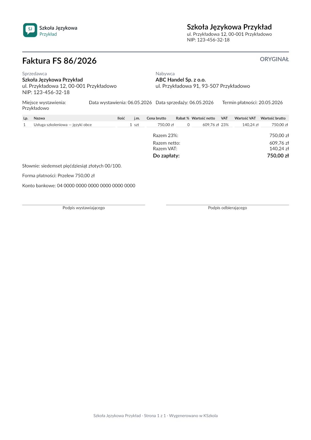 Strona 1 z 1 — podgląd dokumentu Faktura FS 86/2026